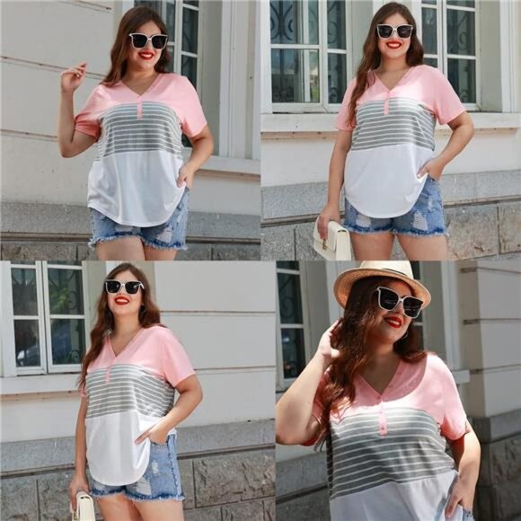 Plus Size Tops for Women Button Up Henley Shirts Short Sleeve Summer T-Shirts - Picture 2 of 4